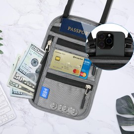 Neck Wallet Passport Holder for Men Women RFID Blocking Water Resistant Hidden Travel Pouch with Adjustable Strap Holds Phone Cards Cash (grey)