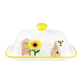 BUNCHBRAVO Ceramic Butter Dish - 3D Sunflower and Bee Design | Yellow White Covered Butter Holder with Lid | Farmhouse Cottage Kitchen Decor