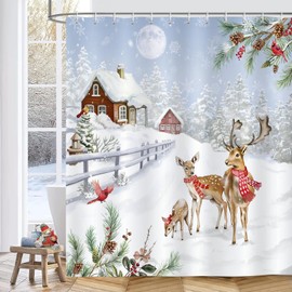 Bonhause Shower Curtain Winter Christmas Reindeer Forest Pine Farmhouse Shower Curtains 180 x 180 cm Anti-Mould Waterproof Polyester Fabric Washable Bathroom Curtain for Bathroom with 12 Hooks