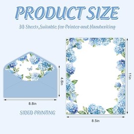 Whaline Juego de 30 piezas de papelería de hortensias con sobres, calcomanías de flores azules, papel de escritura y sobres para invitación de vacacio
