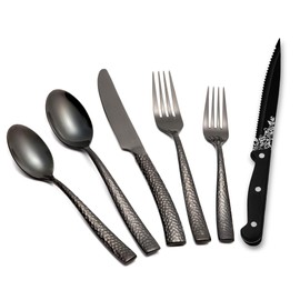Runfly 48-Piece Black Hammered Silverware Set for 8, Stainless Steel Flatware Set with Steak Knives, Mirror Polished Tableware Cutlery Set, Include Forks Spoons and Knives Set, Dishwasher Safe