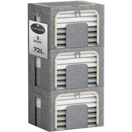 Furnhome 3 Pack Clothes Storage Organizer, Large Storage Bins for Closet, Foldable Clothing Storage Bins for Shelves with Zippers & Clear Window & Reinforced Handles-72L, Grey.