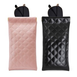 MEIRED Glasses Case 2 Pcs Soft Squeeze Top Sunglass Pouch, Portable Leather Eyeglass Cases for Women, Diamond Pink/Black