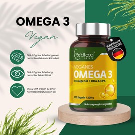 Omega 3 vegan aus Algenöl - 200 Kapseln - Hochdosiert mit hochwertigem EPA und DHA (in Triglycerid-Form) - für Veganer, Laborgeprüft, nachhaltig und von Natur aus schadstoffarm