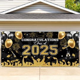 Avezano 2025 Graduation Garage Door Banner Congratulations Class of 2025 Garage Door Cover Backdrop Black Gold Congrats Grad Party Decoration Background 6 x 13 ft (Black Gold)