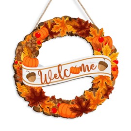 Hello Autumn Wooden Hanging Sign Maple Tree Front Door Sign Autumn Thanksgiving Welcome Sign for Harvest Indoor Outdoor Home Porch Wall Decor (Yellow)
