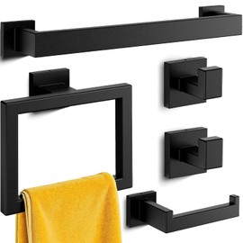 Kitsure 5-Pieces Bathroom Hardware Accessories Set, Rustproof Towel Racks for Bathroom Wall Mounted, 16" Towel Bar, Toilet Paper Holder, Ring & 2 Hooks, Matte Black