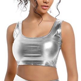 OVIGILY Women's Metallic Crop Top – Shiny Stretch Tank for Rave, Festival, Club, Dance & Party Wear