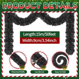 50 Ft Christmas Tinsel Garland Thick Tinsel Garland Xmas Tree Decorations Metallic Tinsel Twist Garland for Christmas, Birthday, Party Decor Indoor Outdoor Party Supplies (Black)