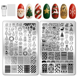 PH PandaHall Christmas Nail Stamping Plates Holiday Greetings Nail Art Templates Santa Claus Snowman Nails Design Stencil Christmas Tree Nails Plates with Stamper and Scraper for Xmas Winte, 2pcs