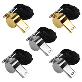 0XBIT Referee Whistle, 3 Pieces Silver and 2 Pieces Gold Signal Whistle, with Removable Lanyard, Loud and Clear Sound, Whistles for Trainers, Referees and Sports