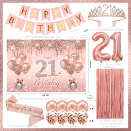 21st Birthday Decorations for her,rose gold happy birthday banner,happy birthday Backdrop, it’s my 21st Birthday Sash, Sweet Rhinestone Tiara Crown