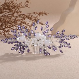 Lenjicons Vintage Flower Leaf Rhinestone Hair Comb Teardrop Rhinestone Hairpiece Silver Gold Wedding Hair Comb Handmade Rhinestones Headpiece for Wedding Women (light purple)