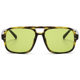 RUNHUIS Vintage 70s Sunglasses Women Men Retro Large Square Frame Rectangular Glasses, Green Leopard/Green