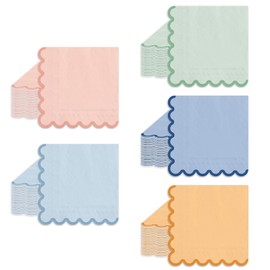 FYSUIMU 100 Pcs Boho Scalloped Cocktail Napkins Disposable 5 Mixed Colors Paper Beverage Napkins for Birthday Baby Shower Drink Pastel Party Table Supplies