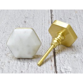 ARTISNO Hexa Marble Brass Knob, Modern Cabinet Knob, Decorative Hardware, Furniture Hardware, Cabinet Handles, Dresser Pull (Hexa White Gold), Set-6