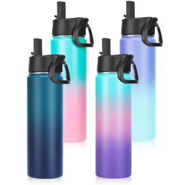 Neihepal 22 oz Insulated Kids Water Bottle with Straw Lid Bulk 4 Pack,Reusable Double Wall Vacuum Metal Cups Keeps Cold and Hot,18/8 Stainless Steel Sports Bottles for Gym School (Assorted,4 Set)