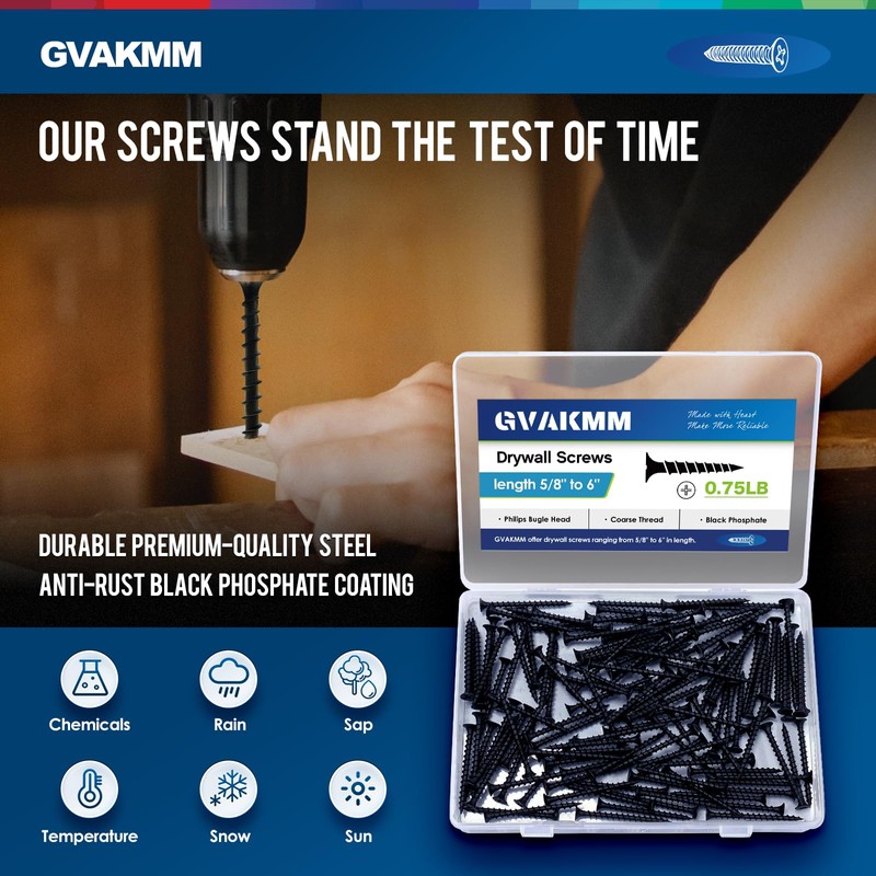 GVAKMM 0.75LB (305pcs),#7x3/4''Drywall Screws,Black Wood Screws,Coarse Thread,Phillips Bugle Head,Sharp Point,Ideal