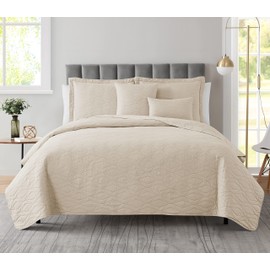 Clara Clark Quilts King Size - All Season Bedspread Coverlet Set, Pinsonic Weave Lightweight Bedding Set - 7 Piece King Quilt Set with Pillow Shams, Diamond - Cream