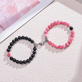 Fuqimanman2020 2PCS Couple bracelet Frosted White Turquoise Heart Phase Crystal Bracelet Natural Stone for Men Women-pink black