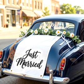 Just Married Wedding Backdrop Set with Just Married Sign, Eucalyptus Garland & White Fabric Banner for Wedding Reception, Ceremony Backdrop, Bridal Shower, Engagement Party & Wedding Car Decorations