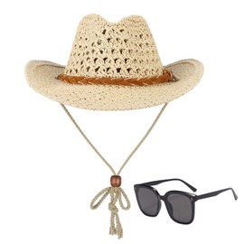 SLAXJNE 1 Hollow Cowboy Hat, 1 Pair of Sunglasses, Retro Cowboy Hat, Adjustable Cowboy Hat, Wide Brimmed Sun Hat, Summer Sun Protection Straw Hat, Suitable for Hiking, Fishing and Camping, beige