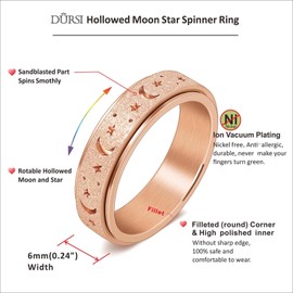 DURSI Women’s Moon and Star Spinner Fidget Rotate Ring for Anxiety Stainless Steel Worry Rotating Ring Toy (Rose Gold, 10)