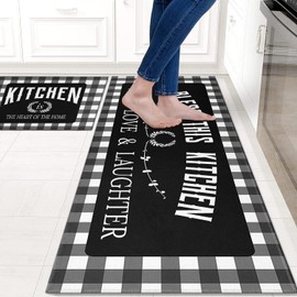 Faptoena Black Kitchen Rugs and Mats Sets of 2,Black White Buffalo Plaid Kitchen Decoration Non-Slip Absorbent Kitchen Mats for Sink Waterproof Runner Rug for Laundry Room