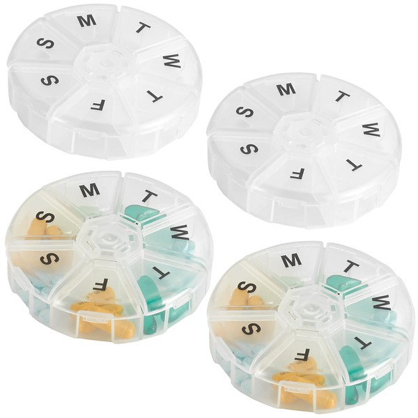 Large Weekly Pill Organizer - (Pack of 4) Daily Pill Cases, Round Pill Organizer 7 Day Container, Medicine Planner, Pill Reminder, BPA-Free for Pills Vitamins, Supplements, and Fish Oils