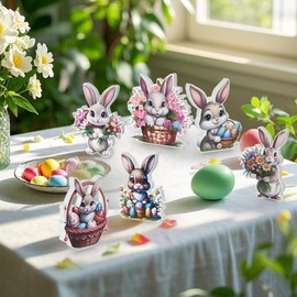 6Pcs Rustic Spring Easter Decorations Wooden Bunny Rabbit Desk Decor Wood Bunny Table Centerpieces Rabbit Shape Table Signs Farmhouse Tiered Tray for Party Spring Home Decor