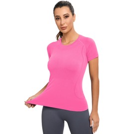 MathCat Workout Shirts for Women, Workout Tops for Women, Yoga Short Sleeve Shirts Soft Seamless Gym Shirts Hotpink