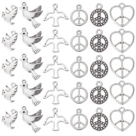 SUNNYCLUE 1 Box 120 Pieces 6 Styles Peace Sign Pendants Tibetan Pendants Bulk Pack Silver Metal Alloy Peace Dove Flat Round Bird Heart Pendant Dangle Pendant for Jewellery