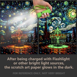 2 Pack Night Glow Scratch Art Rainbow Painting Paper, Magic Glow-in-the-Dark Scraping, Van Gogh Style Creative Craft Set, Fun DIY Toy Sketch Card Scratchboard for Kids, Adults (Amusement Park/Castle)
