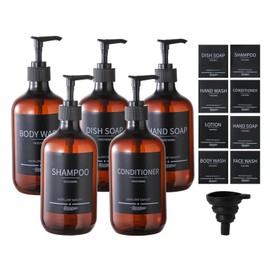 Mithrgrous 5Pack Amber Shower Bottles Refillable with Labels,16.9oz(500ml) Reusable Shampoo and Conditioner Bottles,Shampoo Dispenser Bottles