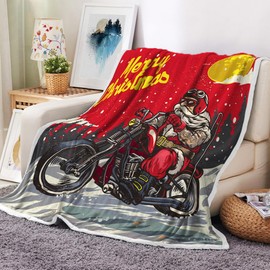 Santa Claus Motorcycle Throw Blanket, Cool Santa Riding A Chopper Flannel Lightweight Blankets for Kids Boys Men, Cozy Soft Throw for Couch Bed Sofa Living Room 50X60IN