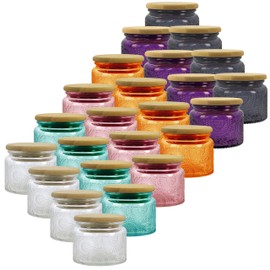 LINGSHINE Colored Mini Glass Jars with Reusable Bamboo Lids, 24 pack 4oz Multi-Color Embossed, Home Décor Food Storage Candle Parties Wedding Baby Shower Favors Gift