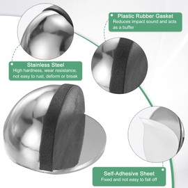 M METERXITY 2-Pack Floor Mounted Door Stops, Stainless Steel Half Dome Floor Gate Stopper with Plastic Rubber Bumper for Living Room/Bedroom/Bathroom, No Drilling Doorstop [Bright Silver]