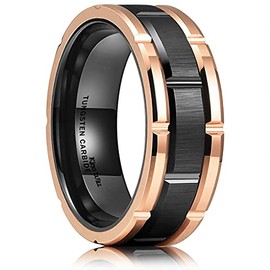 Tungsten Carbide Wedding Band Ring Classic Mens 8mm Brick Pattern Brush Finish | 3 Styles: Black-Rose Gold, Yellow-Gold, Black | Custom Engravings | Scratch Resistant | (Black-Rose Gold, 11.5)