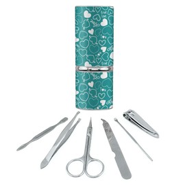 Cute Hearts Love Pattern on Teal Turquoise Stainless Steel Manicure Pedicure Grooming Beauty Care Travel Kit