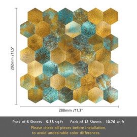 HOMEART Hexagon Peel and Stick Backsplash Tile, Brushed Metal Surface Honeycomb Mosaic Stick on Wall Tiles for Kitchen Bathroom (12 Sheets, Copper)