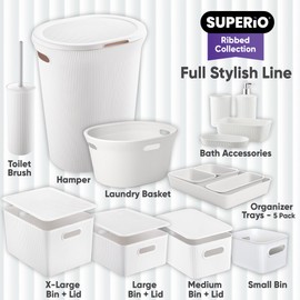 Superio Ribbed Collection - Decorative Plastic Laundry Basket with Cut-Out Handles, White (1 Pack) Hamper Organzier for Bedroom Bathroom College Dorm Room 35 Liter…