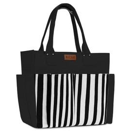 Nicav Canvas Tote Bags for Women, Large Utility Tote Bags with Pockets Zip Top for Teacher Nurse Work (Black Stripe)