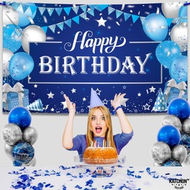 KatchOn, Happy Birthday Banner Blue and Silver - Large, 72x44 Inch | Blue and Silver Birthday Banner for Men | Happy Birthday Backdrop for Boys | Blue Birthday Party Decorations Party Supplies Women