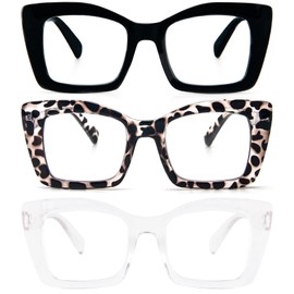REAVEE 3 Pack Oversized Square Reading Glasses Oprah Style for Women, Blue Light Blocking Large Frame Computer Designer Fashion Readers with Spring Hinge (Black/Transparent Tortoise/Clear,1.0)