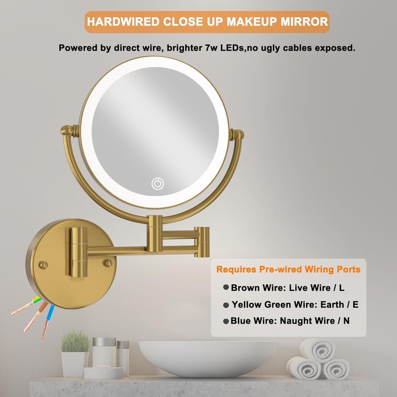 Hardwired Bathroom Makeup Mirror Wall Mount Gold, Double Sided 1/10X