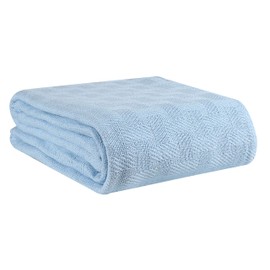 GLAMBURG 100% Cotton Bed Blanket, Breathable Bed Blanket Twin Size, Cotton Thermal Blankets Twin Size - Perfect for Layering Any Bed for All Season - Sky Blue