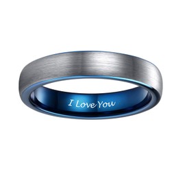 4mm Mens Womens Tungsten Ring Blue Two Tone Engraved I Love You Wedding Band Thin Brushed Comfort Fit Size 10