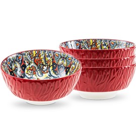 Boho Cereal Bowls, Ceramic Soup Bowls Set of 4, 28 Oz Deep Colorful Bowls Set for Kitchen, Dishwasher & Microwave Safe, Decorative Vibrant Bohemian Bowls for Oatmeal, Ice Cream, Salad, Pasta, Red