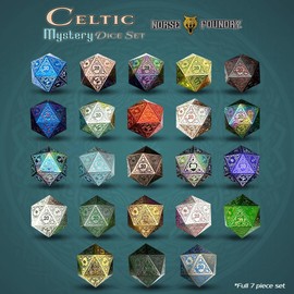 Norse Foundry Celtic Mystery Dice Set - Intricate Knotwork Design - Durable Zinc Alloy Construction - 7-Piece RPG Dice Set with Themed Book Tin for Storage for Collectors and Gamers