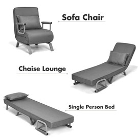 Safstar Convertible Sofa Bed Sleeper Chair, Folding Sofa Arm Chair with Pillow and 5 Position Adjustable Backrest, Full Padded Lounger Couch Bed for Home/Office (Grey)